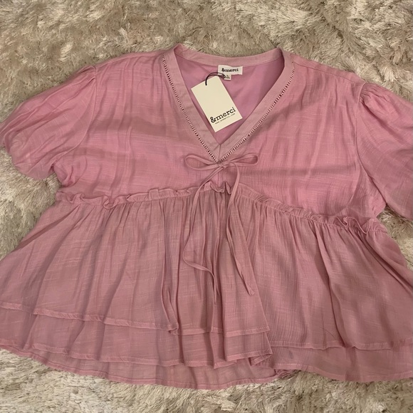 Pretty pink top, L, empire waist, ruffle and open work trim details. 23” long. - Picture 3 of 8